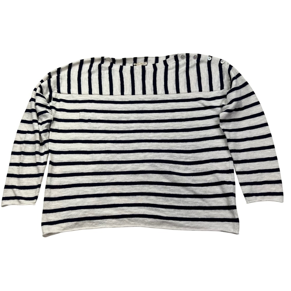 Eileen Fisher Organic Linen Cotton Navy Stripe Bateau Neck Button Shoulder Top M